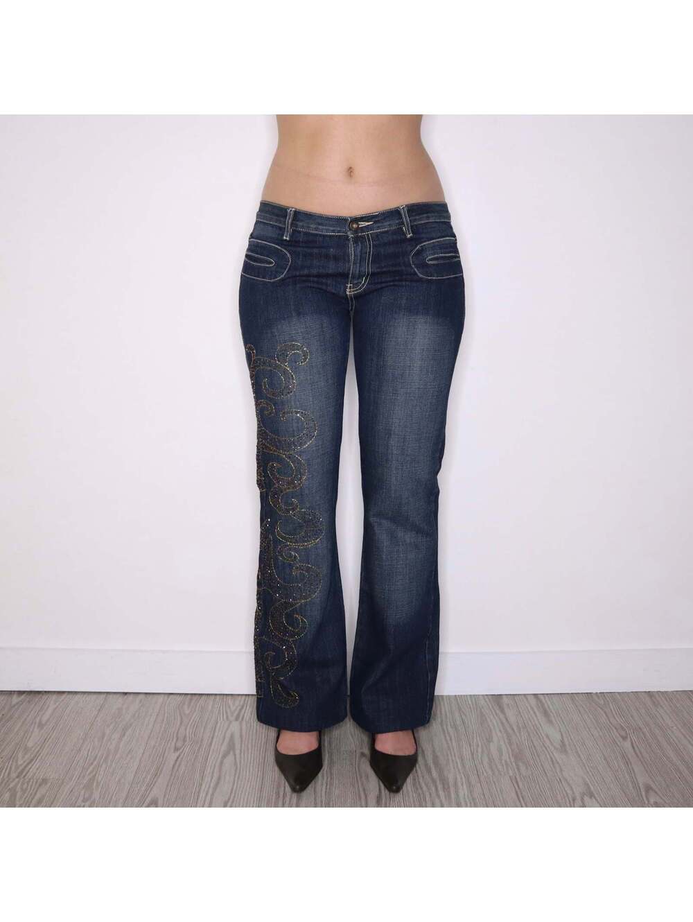 Y2K Italian Brand Beaded Low Rise Flared Jeans (M/L)